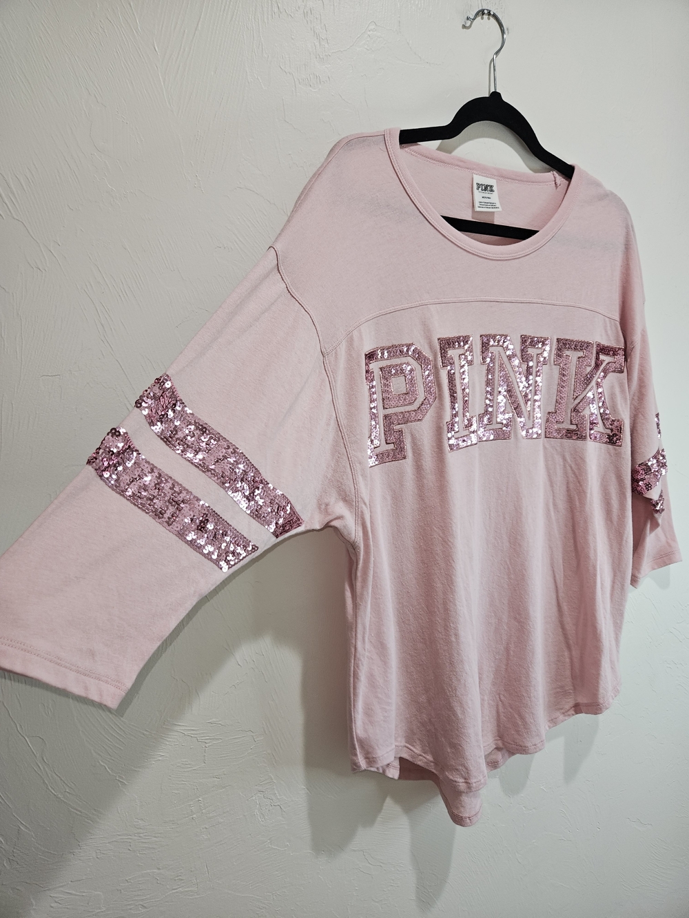 PINK Victoria's Secret Light Pink Sequin Logo Stripe Sleeve Tee Women's Medium - Picture 4 of 11